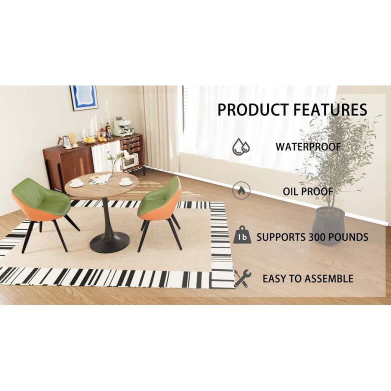 31.5 " MDF round dining table, tulip dining table, and 2 artificial leather decorative chairs with black metal legs