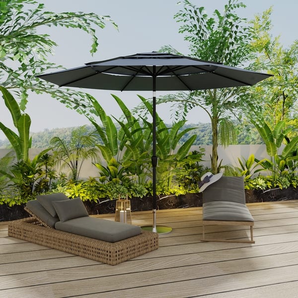 24 inch patio table with umbrella hole Nuu Garden 3-Piece Black Cast Aluminum Round Outdoor Bistro Set with Green Cushions