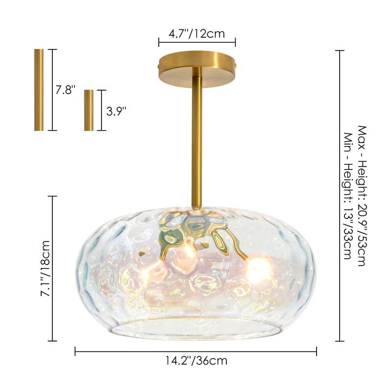 14.2" W 3-Light Modern Gold Dome Semi-Flush Mount Ceiling Light with Water Glass Shade for Foyer, Bedroom