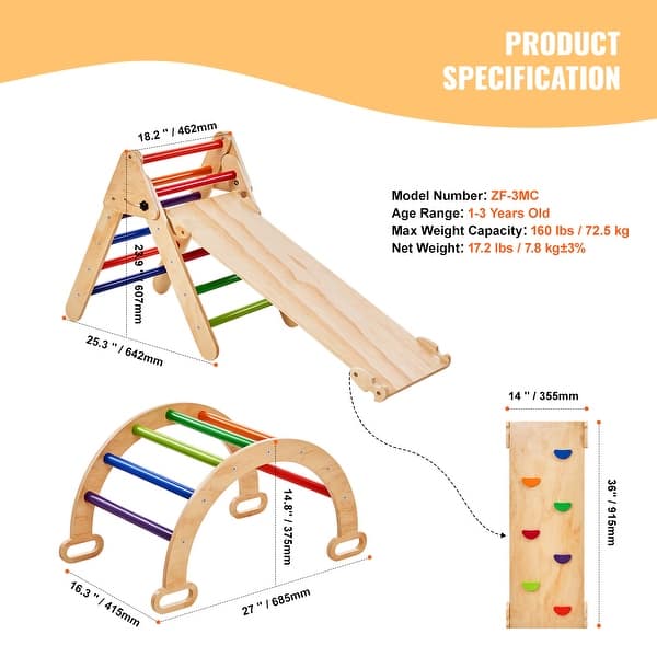 dimension image slide 3 of 4, Pikler Triangle Set, Toddler Climbing Toys Indoor Playground, Ramp, and Arch, Montessori Climbing Set with Triangle
