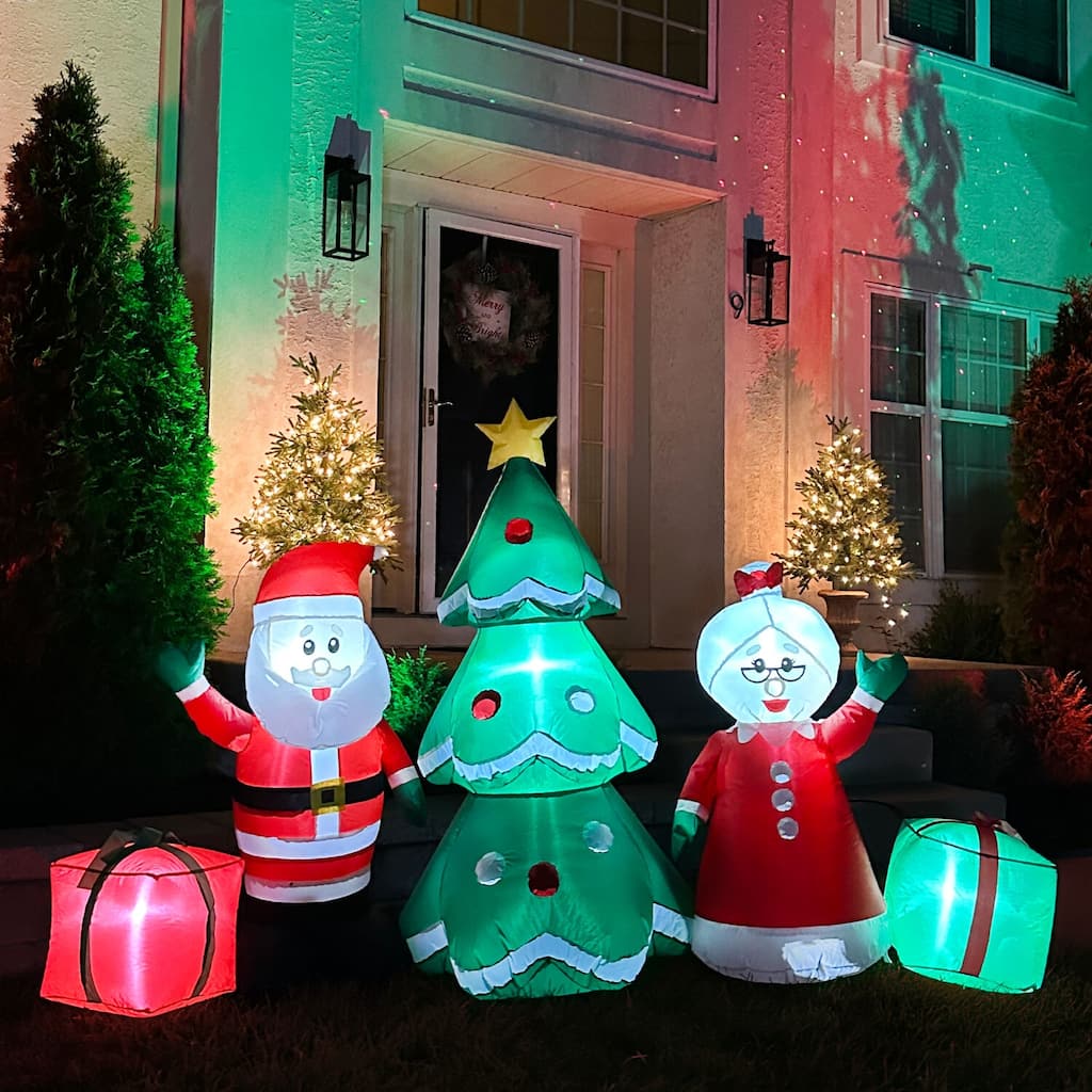 Fraser Hill Farm 7.5-Ft. Wide Prelit Santa and Mrs. Claus by Christmas Tree Inflatable