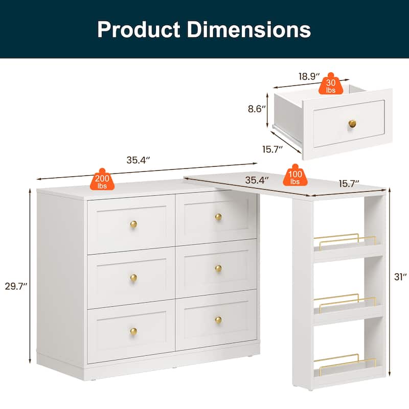 Extendable Makeup Vanity Desk with 6 Drawers