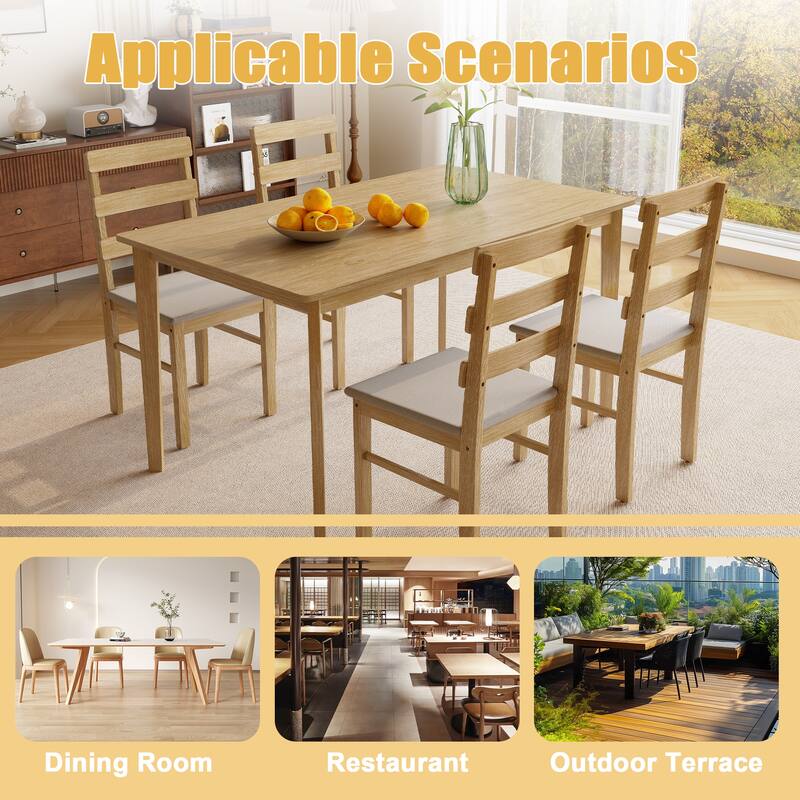 Solid Wood Dining Table Set for 4, includes 1 Rectangle Table & 4 Upholstered Chairs, 5-Piece Kitchen Dining Table & Chair Set
