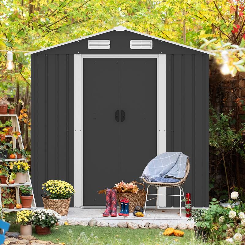 Large Outdoor Storage Shed Galvanized Iron Black with Slanted Roof and Double Sliding Doors - 77.36” x 51.57” x 73.82”
