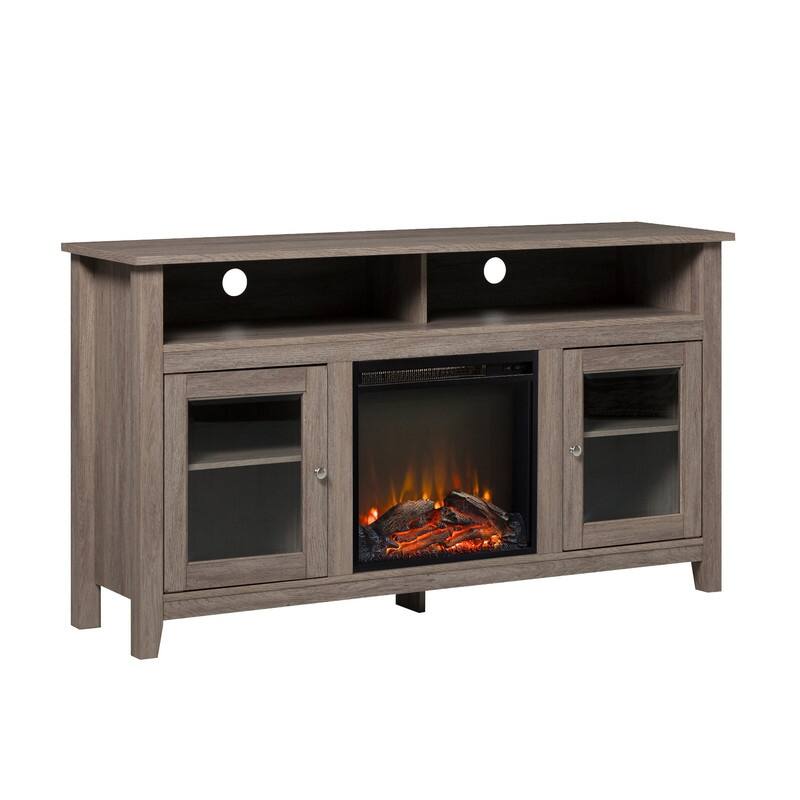 58/60" Contemporary/Classic Fireplace TV Stand for 65" TVs w/ 18" Insert Open/Glass-Door Storage Stone Gray/Driftwood
