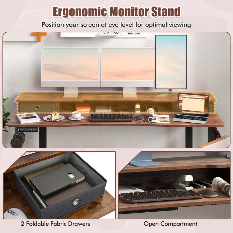 Costway 63" x 24" Electric Standing Desk with 2 Drawers Monitor Stand - See Details