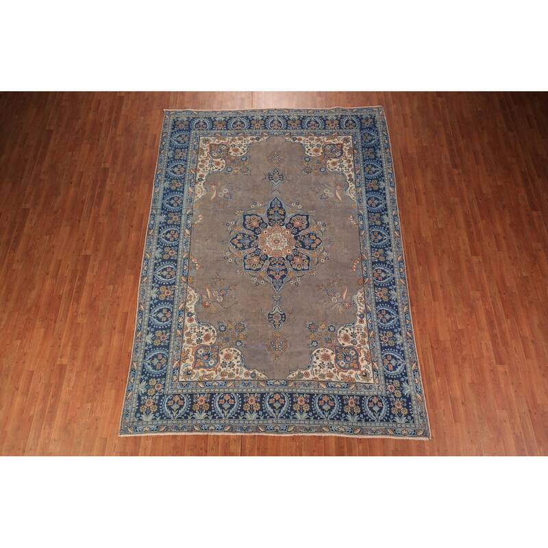 Grey Tabriz Persian Vintage Area Rug Hand-Knotted Bedroom Wool Carpet - 7'10" x 11'0"