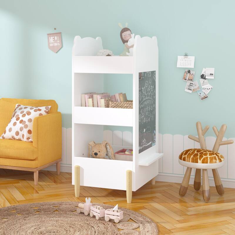 Kids Bookshelf Chalkboard Side Bear Shaped Wooden Bookcase 3 Tier Storage Drawing Board Toy Book Organizer Playroom Bedroom