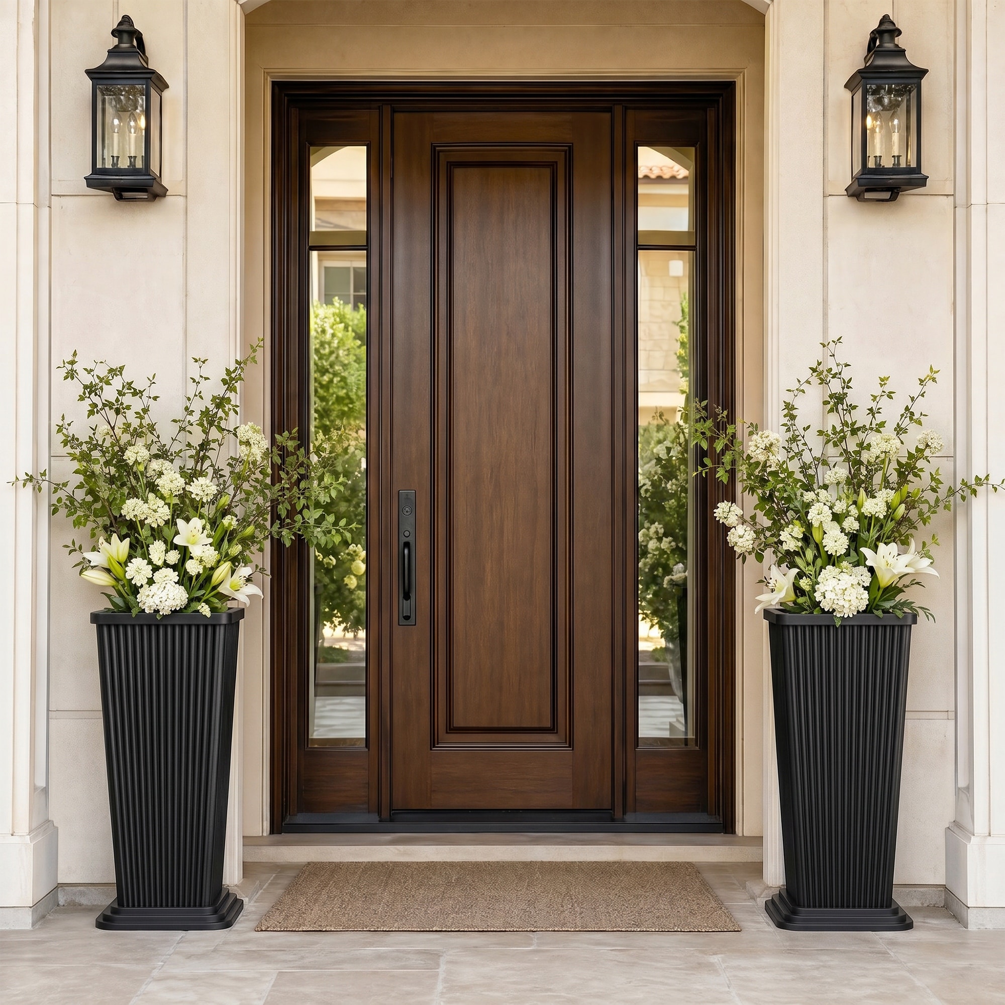 Set of 2 23.6" Square Planters Fluted Tapered Plastic Plant Pots with Built-in Drainage System