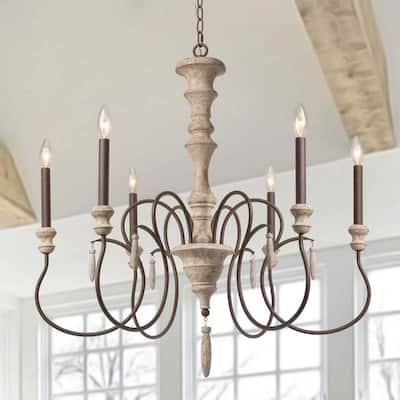 Modern Farmhouse 6-Light Wood Chandelier Classic French Country Lights - D31" x H32.5"