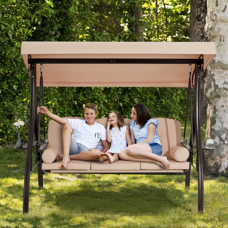 3-Seat Patio Swing with Adjustable Canopy, 750lbs Heavy Duty, Convertible Outdoor Bed, All-Weather, Cup Holders & Thick Cushions