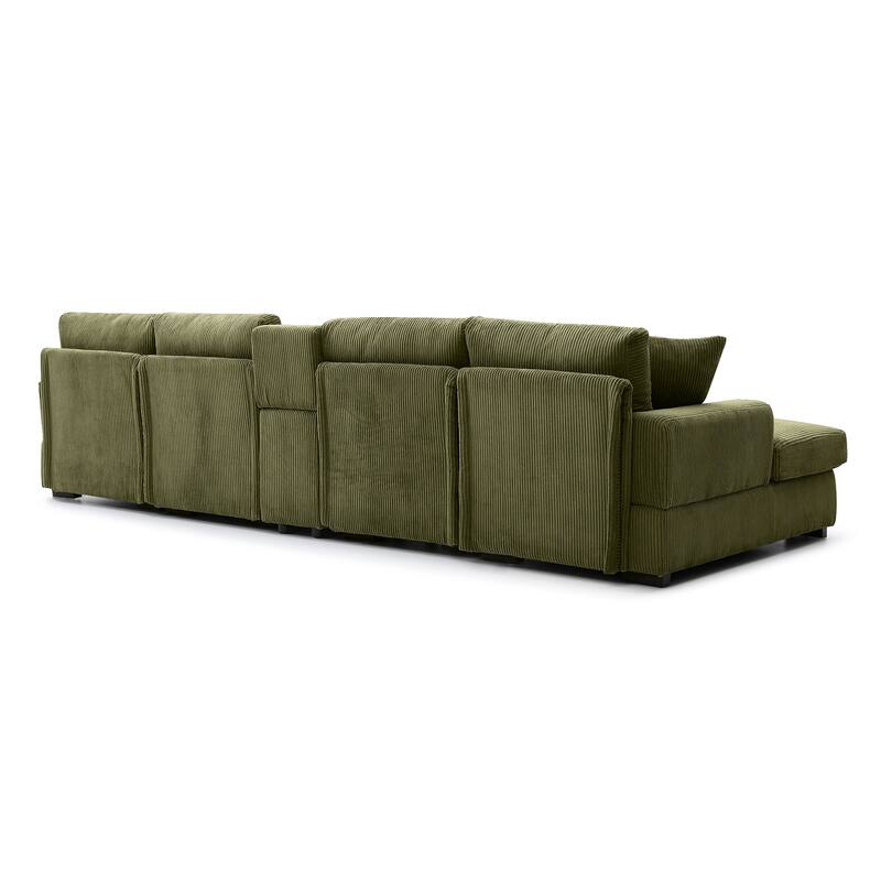 Modern Memory Foam Couch Corduroy U-shaped Sectional Sofa with Storage Console, Cup Holders and USB Ports for Living Room