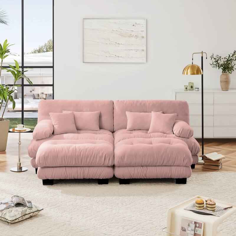 94" Upholstered Leisure Sofa, Chenille Loveseat Couch with 2 Ottoman, Deep Seat Recliner Sofa with 4 Pillows for Living Room