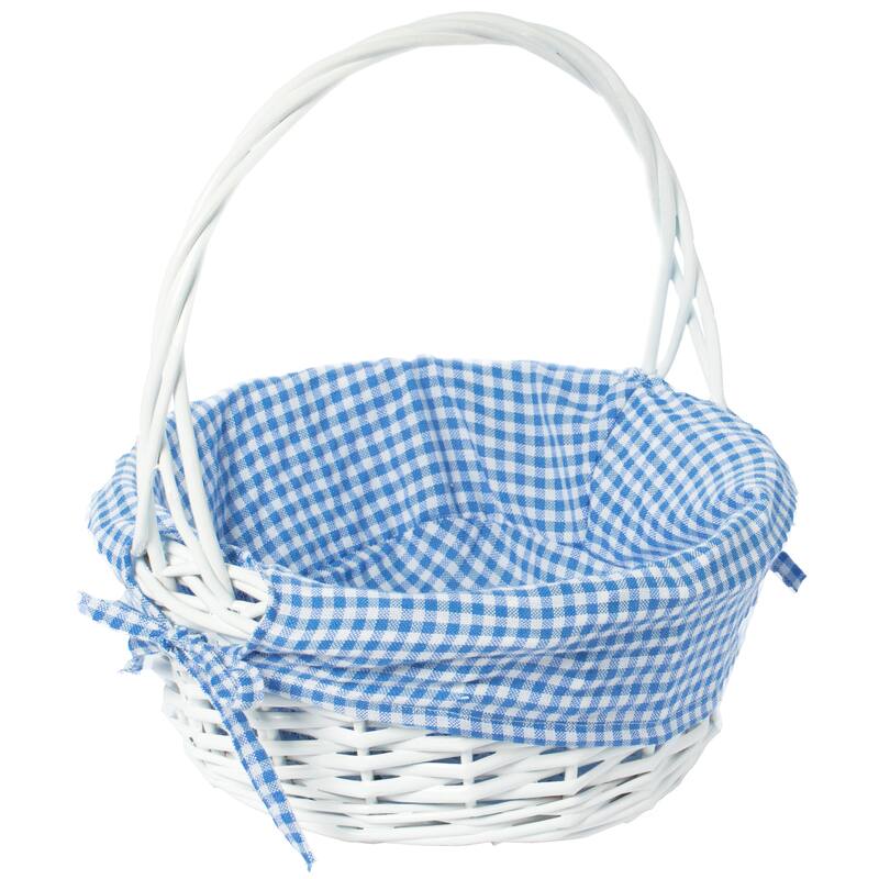 White Round Willow Gift Basket, with Gingham Liner and Handle - Small - Blue