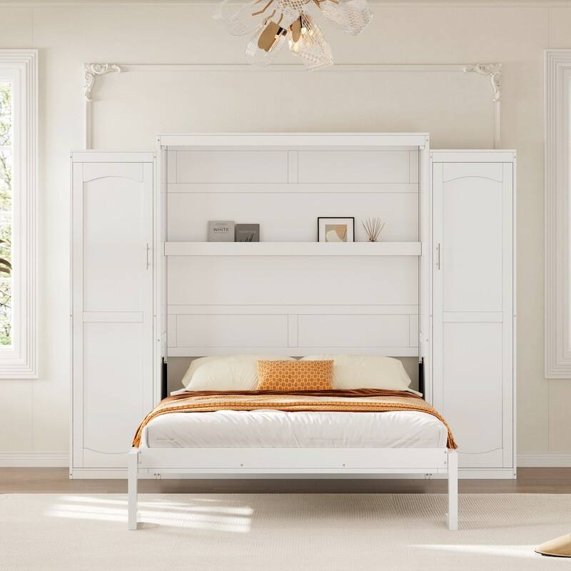 Full Size and Queen Size Murphy Bed, Wooden Queen Wall Bed with 2 Wardrobe and Storage Shelf