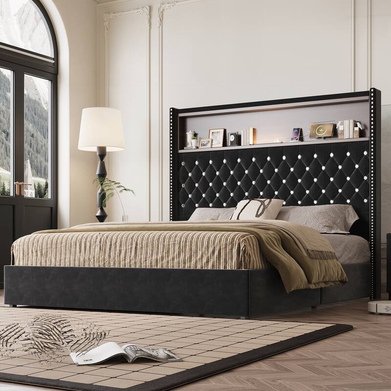 Queen Size Tufted Soft Bed Frame with USB Port and Night Light