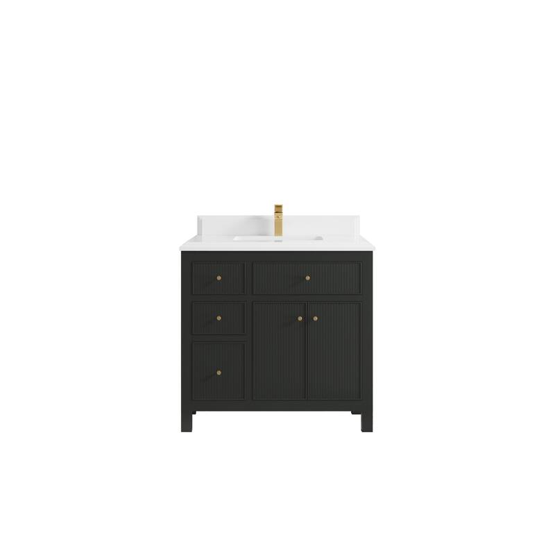 Willow Collections 36 in W x 22 in D Sonoma Center Sink Free Standing Reeded Bathroom Vanity with Countertop - 1.5" White Quartz - Black Top