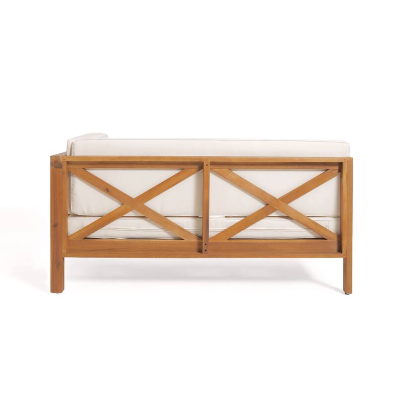 Roomfitters X-Back Corner Bench with Coffee Table, Outdoor Wooden Patio Sofa with Cushions for Garden or Porch