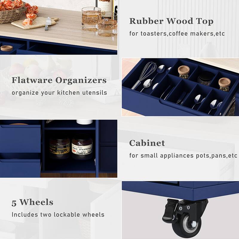Kitchen Cart With Rubber Wood Countertop, Large Storage Space Flatware Organizer With Spice Rack, Towel Rack