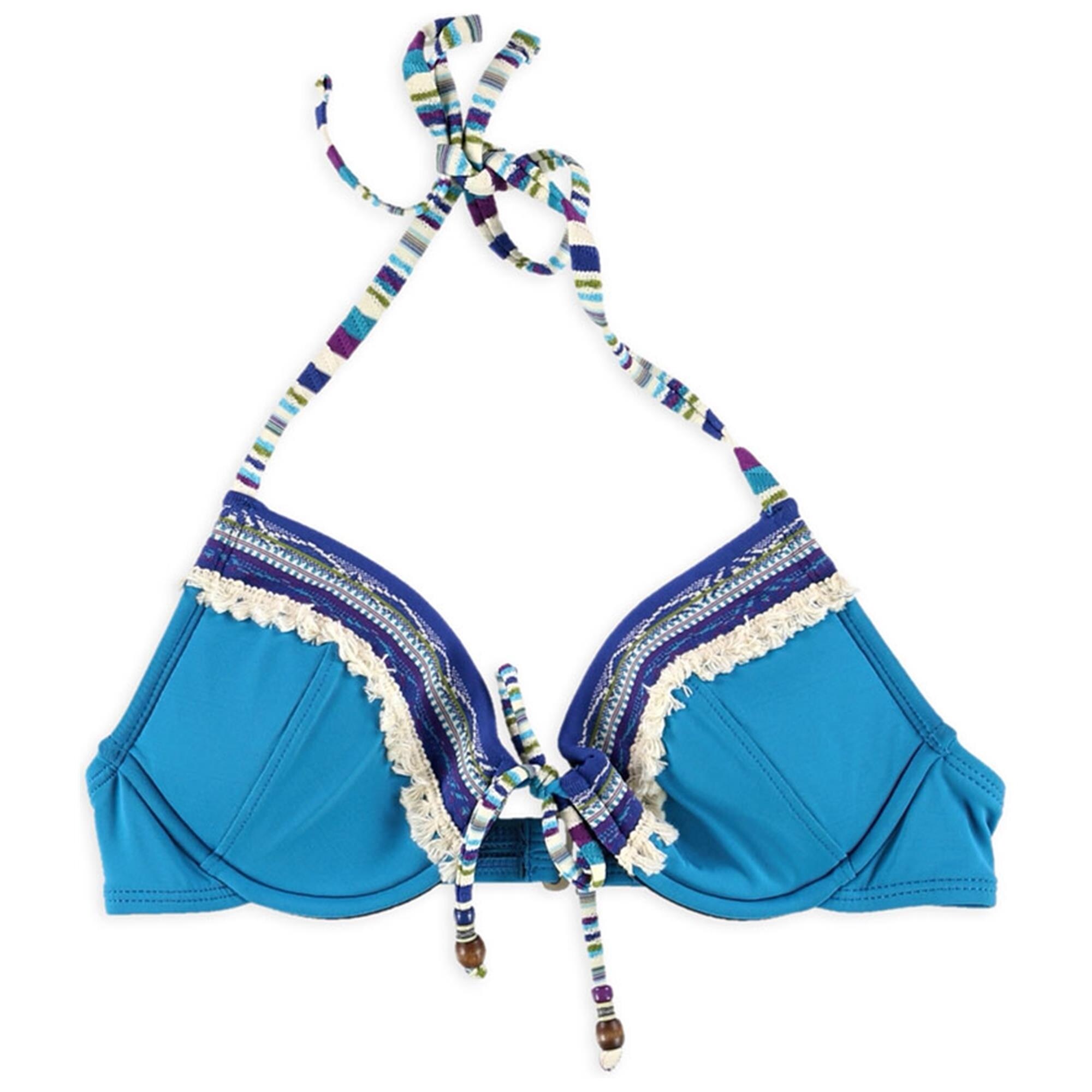 Lucky Brand Womens Fringe Halter Swim Top, Blue, Medium Bed Bath