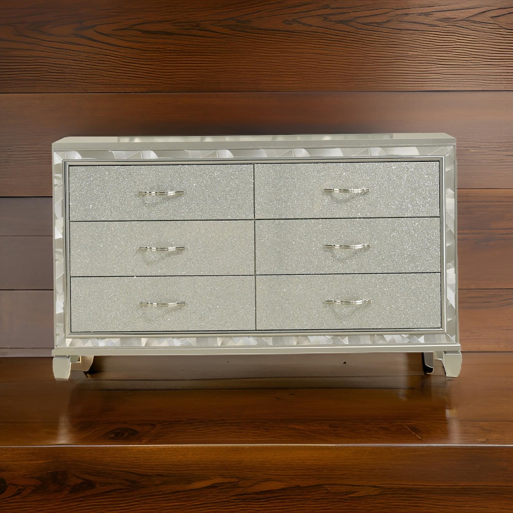 Bet 65 Inch Dresser, 6 Rhinestone Inlaid Drawers, Chrome Handles, Silver
