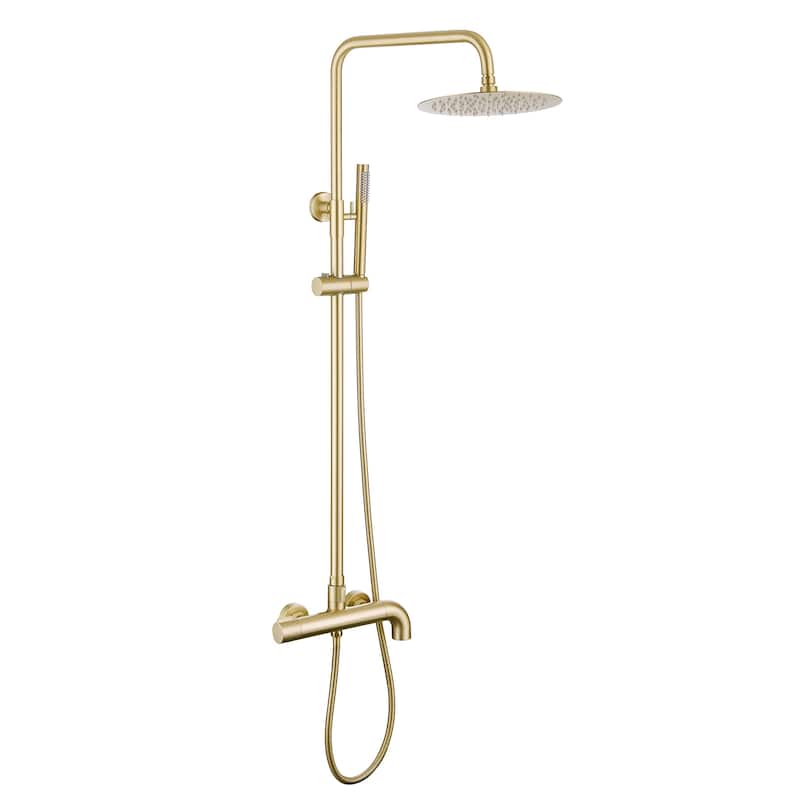 51"H Outdoor 9 Inch Round Rain Shower Set with Handheld Shower (Adjustable Slider) - Brushed Gold