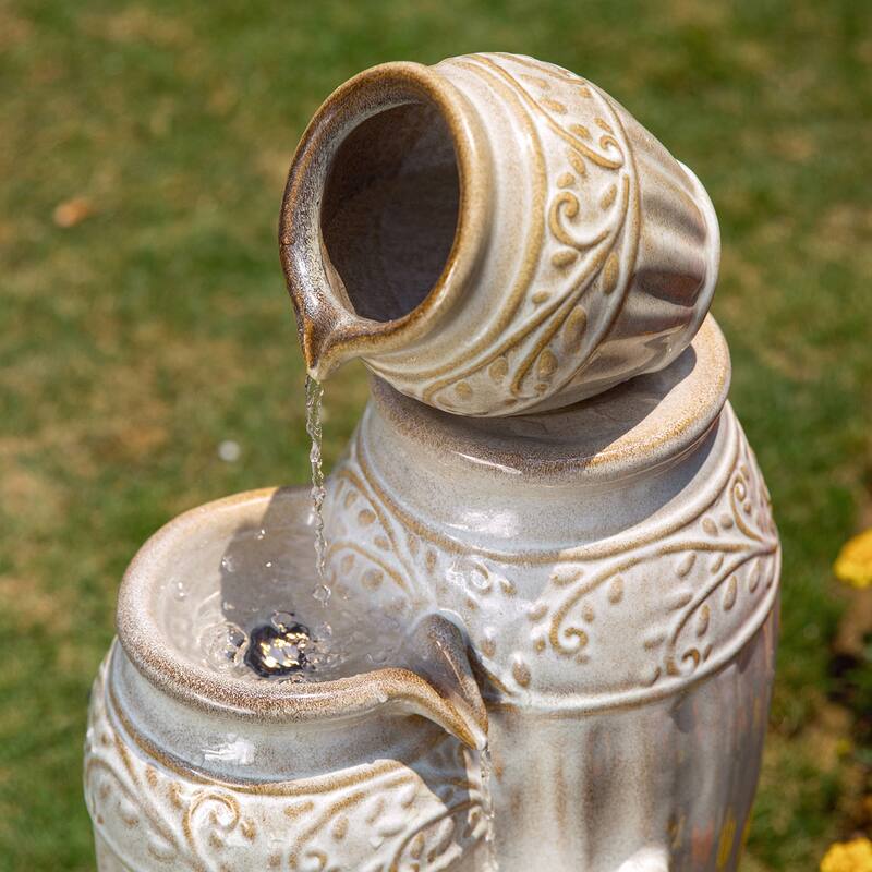 Glitzhome 27"H/35"H 4-Tier Embossed Pattern LED Ceramic Pots Fountain