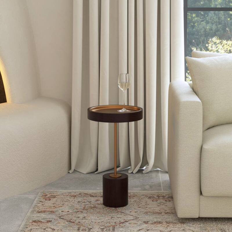 21.5” Solid Wood Round Accent Table with Rose Gold Top and Black Block Base Distressed Finish - 21.5"H x 12"W x 12"L