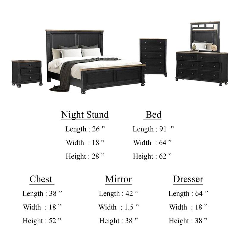 Ginie 5pc Queen Bedroom Set, USB Nightstand, Black Rustic Oak Brown