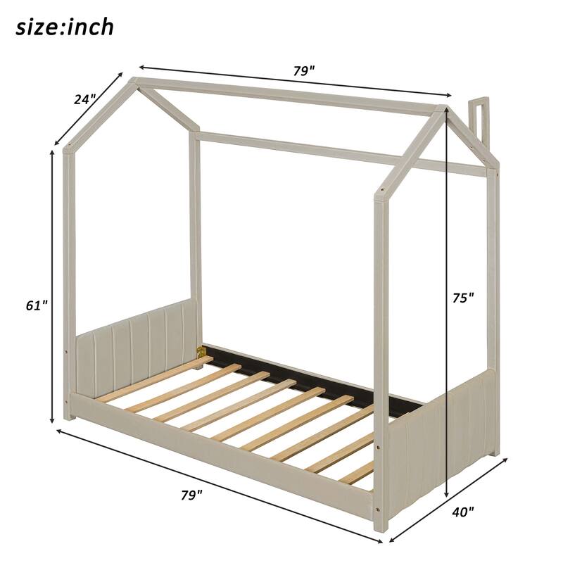 Modern Velvet Upholstered Playhouse Bed Frame with Wooden Slat Support