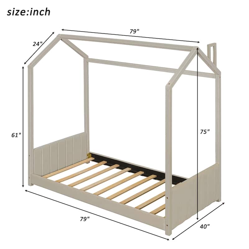 Roomfitters Twin/Full Size Velvet House Bed with Wooden Frame, Roof Design and Cozy Upholstery