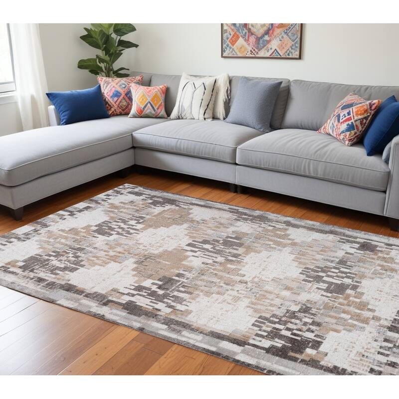 Bibon Distressed Abstract Stain Resistant Low Pile Durable Area Rug By HomeRoots - 8' X 11' - Cream and Brown - Rectangle