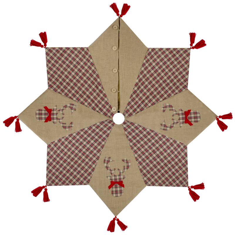 48" Red and Brown Burlap and Plaid Reindeer Christmas Tree Skirt with Tassels - 48