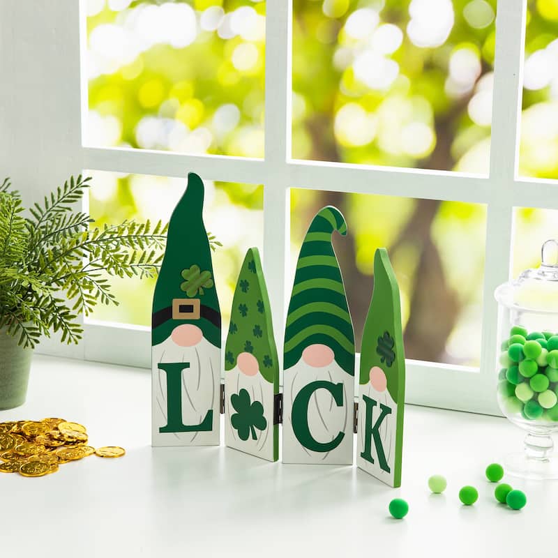 Glitzhome 12.5"L St. Patrick's Wooden Luck Shamrock Gnome Table Decor