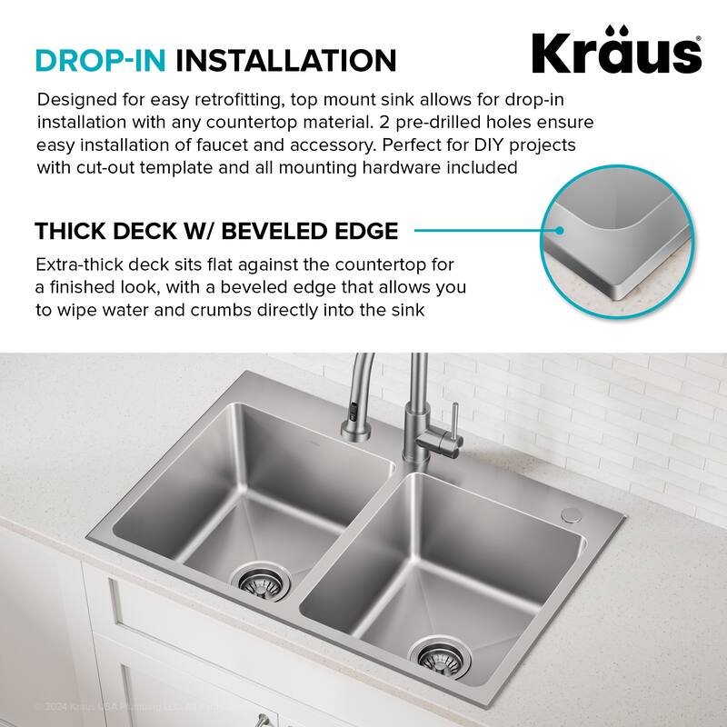 KRAUS Fairlane Drop In Top Mount 18 Gauge Stainless Steel Kitchen Sink