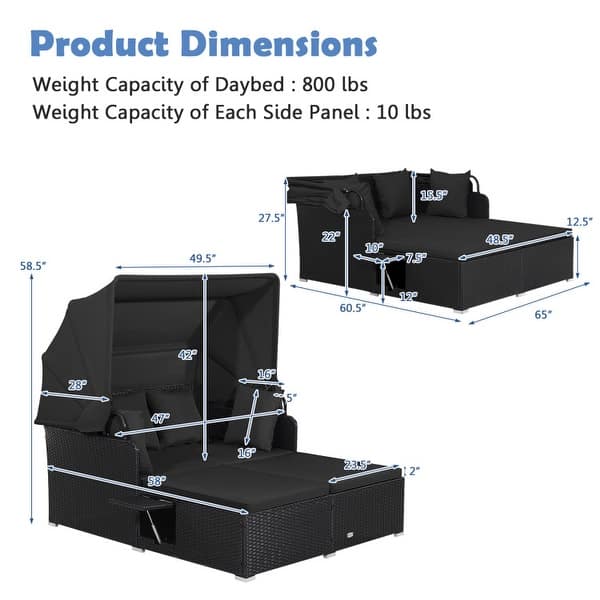 dimension image slide 2 of 7, Outdoor Patio Daybed with Canopy and Foldable Side Trays - 65" x 60.5 x 58.5"