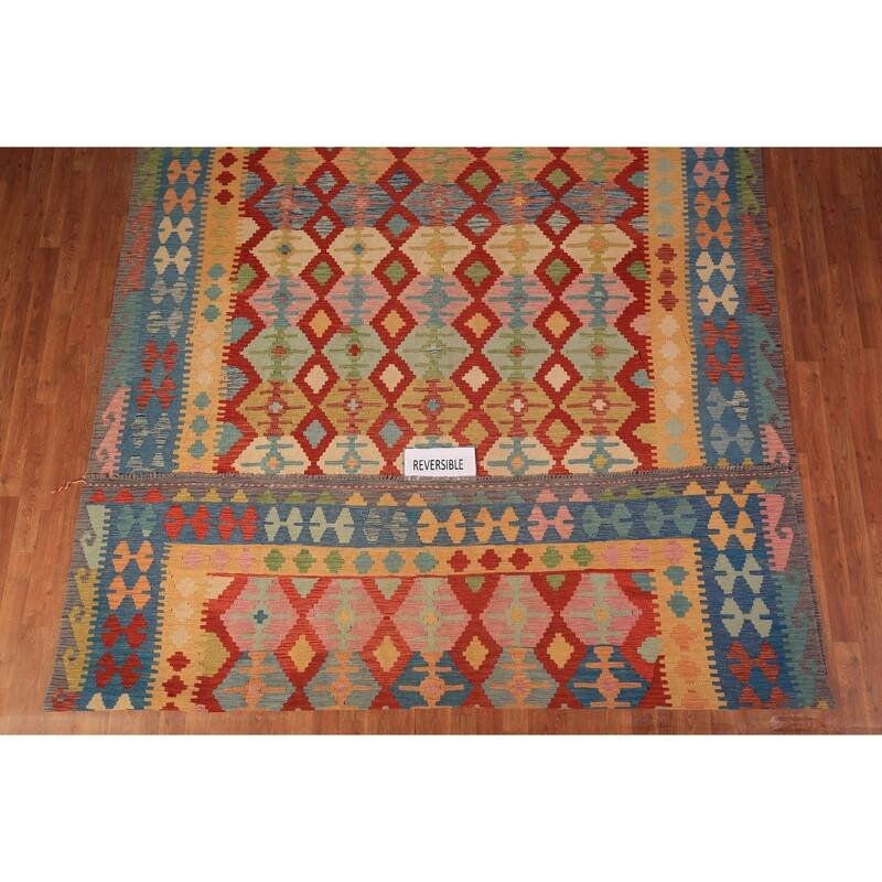 Geometric Kilim Oriental Area Rug Multi-Color Flatweave Wool Carpet - 8'4" x 11'10"