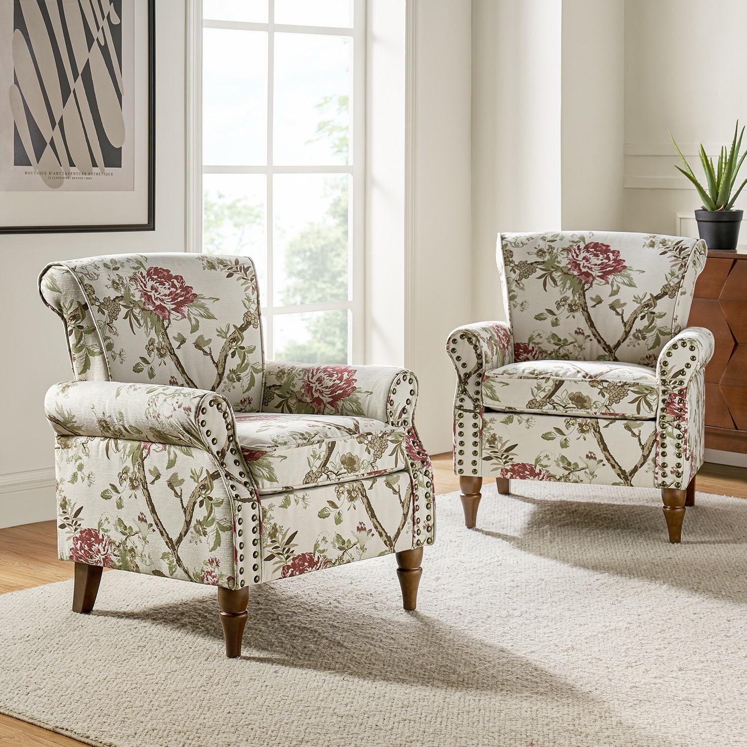 HULALA HOME Nyctelius Traditional Polyester Accent Arm Chair with Pattern and Nailhead Trim Set of 2