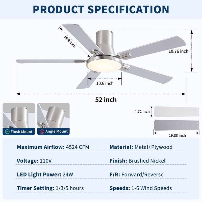 52 inch Mordern Flush Mount Ceiling Fan with Light and Remote Control