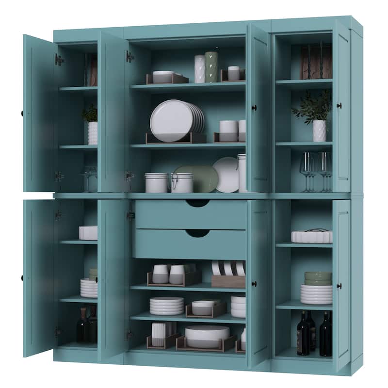 Palace Imports 100% Solid Wood Kitchen China Cabinet Pantry with Glass or Solid Wood Doors and 2-Drawer Kit - 65" x 71.5"