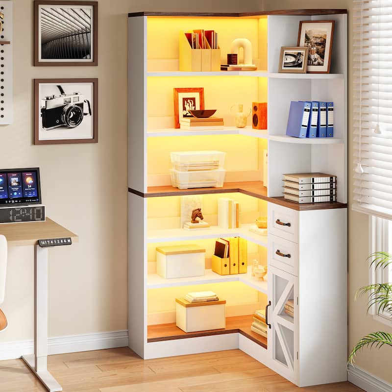Moasis Modern 6-Tier Corner Bookshelf, 70.9 Inch Industrial Bookcase with Drawers - White