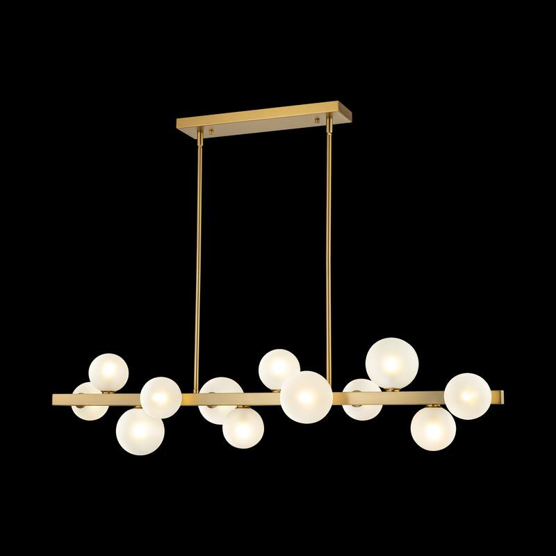 12-Light Modern Brushed Gold Linear Gluster Glass Kitchen Island Pendant Sputnik Frosted Opal Glass Globe Bubble Chandelier