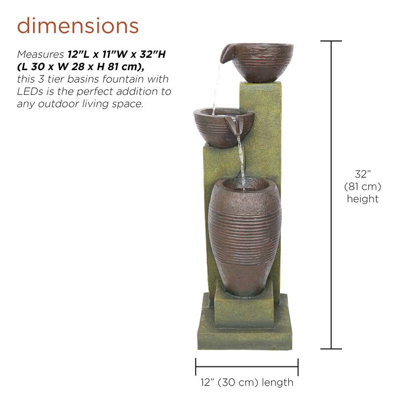 32" 3-Tier Fountain w/ LED, Cascading Garden Feature, Gray