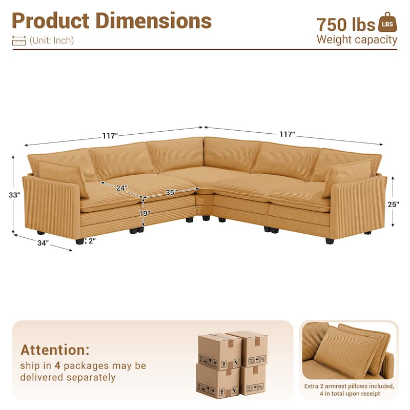 148" Overised 4 Seater Corduroy Clud Couch Modular Sectional Sofa for Living Room