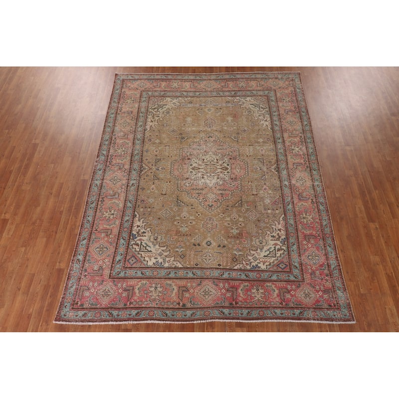 Distressed Gold Tabriz Persian Vintage Rug Handmade Wool Carpet - 8'3"x 10'8"