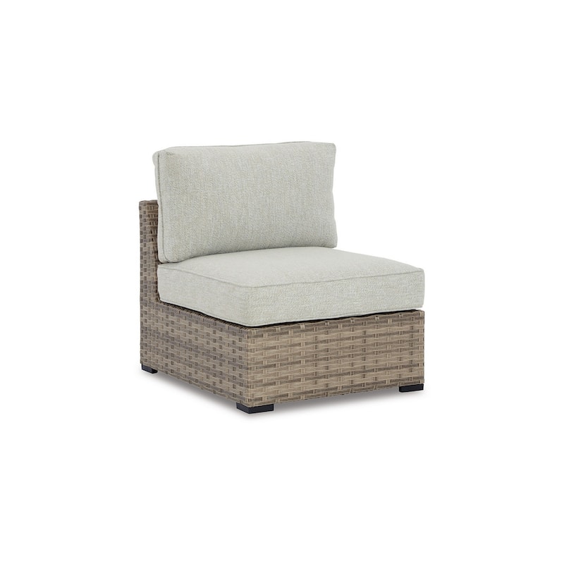 Walter 34 Inch Outdoor Armless Chair Set of 2, Wicker, Beige Fabric Cushion