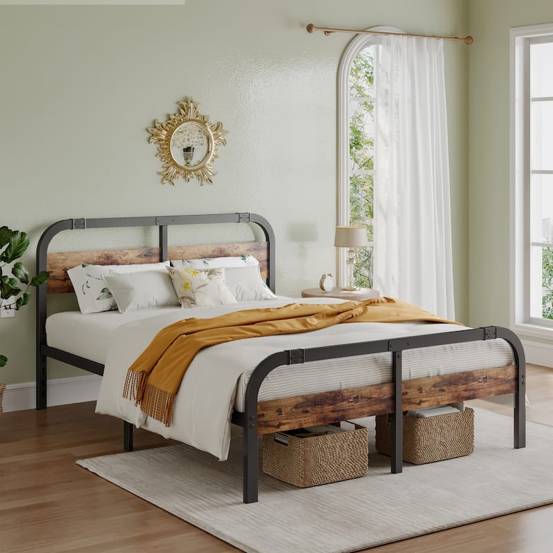 Industrial Platform Bed with Strong Metal Support, Wooden Headboard and Footboard