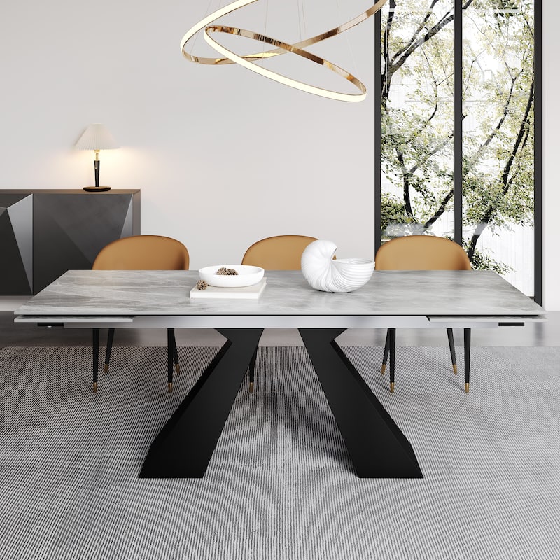 Extendable Rectangular Sintered Stone Double Pedestal Dining Table