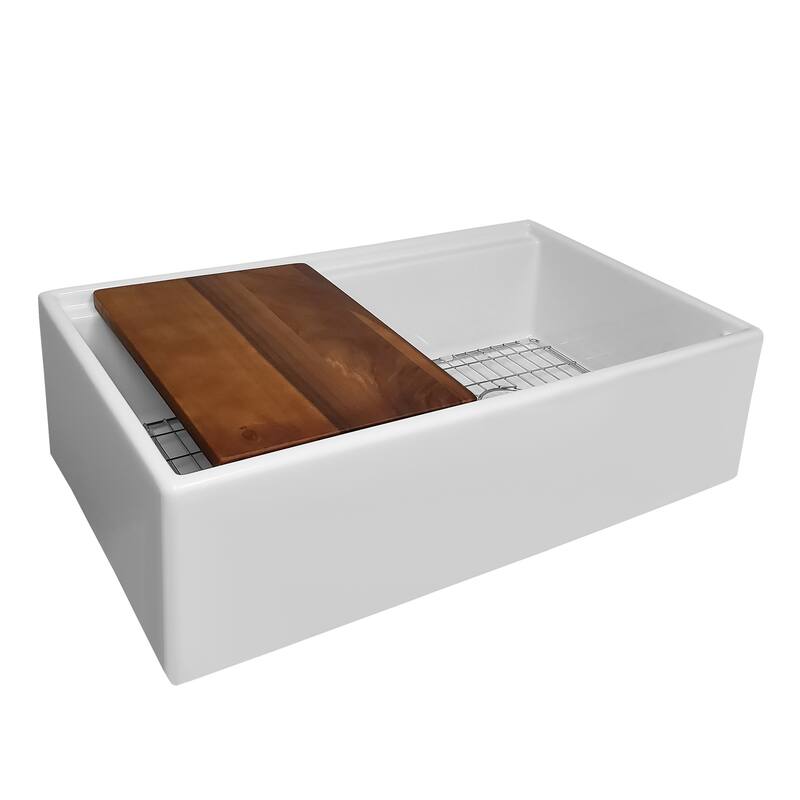 Front apron single bowl fireclay kitchen sinks with walnut wood cutting board and stainless steel grid
