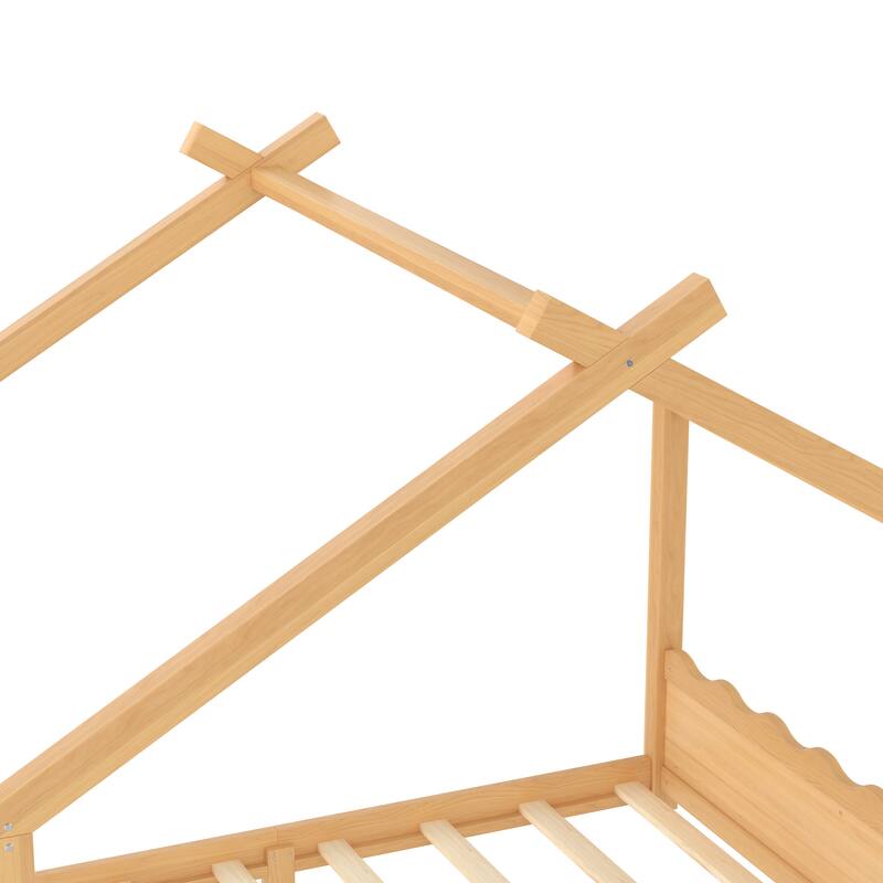 Queen House Floor Bed with Support Slats, Solid Wood House Bed Frame for Kids, No Box Spring Needed